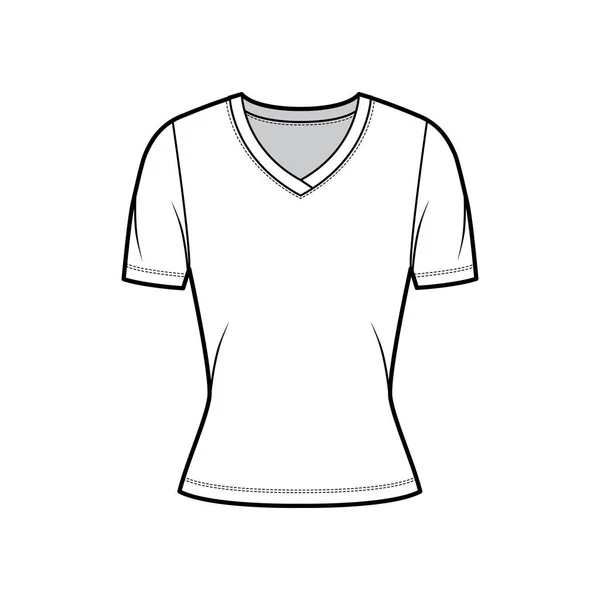V-neck φανέλα t-shirt τεχνική εικόνα μόδας με κοντά μανίκια, στενή εφαρμογή σχήμα. — Διανυσματικό Αρχείο