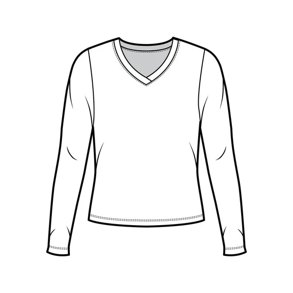 Jersey cuello en V suéter técnica moda ilustración con mangas largas, cuerpo de gran tamaño — Vector de stock