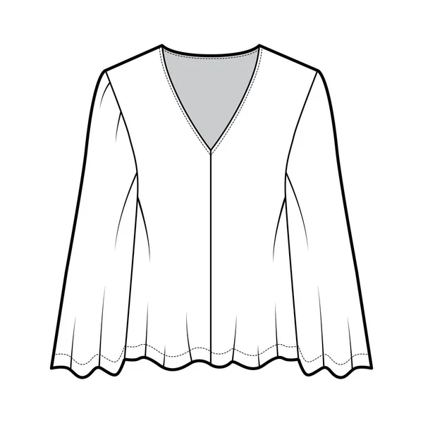 Bluse im Zigeunerstil technische Modeillustration mit Puppenkörper, tiefem V-Ausschnitt, Tunika mit langen kreisförmigen Ärmeln. — Stockvektor