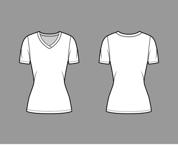 V-neck jersey t-shirt gambar fashion teknis dengan lengan pendek, bentuk yang pas dekat, panjang tunik - Stok Vektor