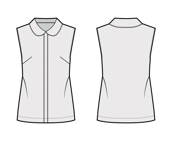 Blouse technical fashion illustration with round collar, sleeveless, loose silhouette, front button fastenings. — Stock Vector