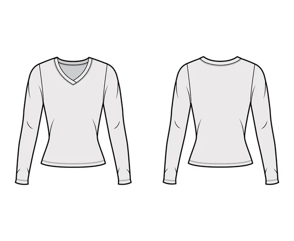 V-Ausschnitt Jersey Pullover technische Mode Illustration mit langen Ärmeln, eng anliegende Form. — Stockvektor