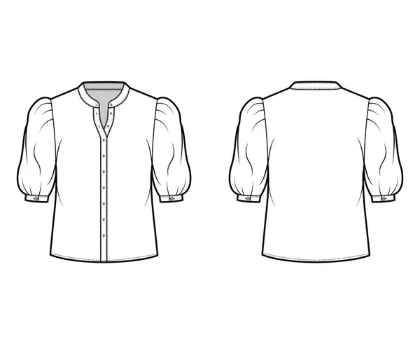 Camisa de cuello de pie ilustración técnica de moda con manga de soplo de codo, cierre de botón delantero, silueta suelta — Vector de stock
