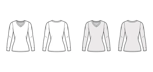 V-pescoço camisola camisola técnica moda ilustração com mangas compridas, forma close-fitting, comprimento túnica . — Vetor de Stock