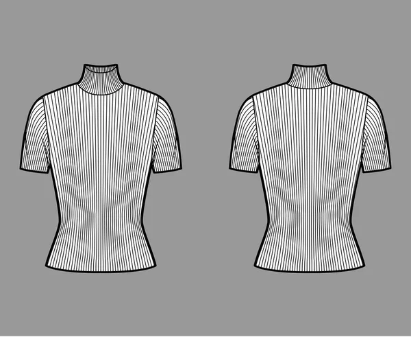 Jersey de punto acanalado con cuello alto ilustración técnica de moda con mangas cortas de costilla, forma ajustada. — Vector de stock