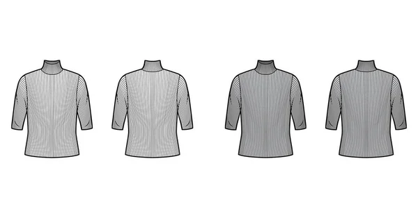 Camisola de malha com nervuras de gola alta ilustração de moda técnica com mangas de cotovelo, corpo de grandes dimensões . —  Vetores de Stock