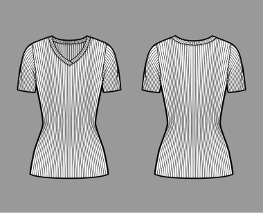 Tırtıklı V yaka örgü süveter kısa kaburga kollu, kısa biçimli, tunik uzunluklu teknik moda çizimi. 