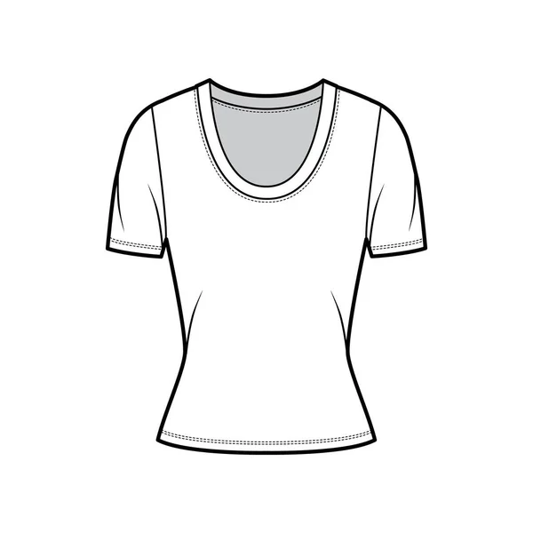 Scoop neck jersey t-shirt technical fashion illustration with short sleeves, close-fitting shape. — Stock Vector