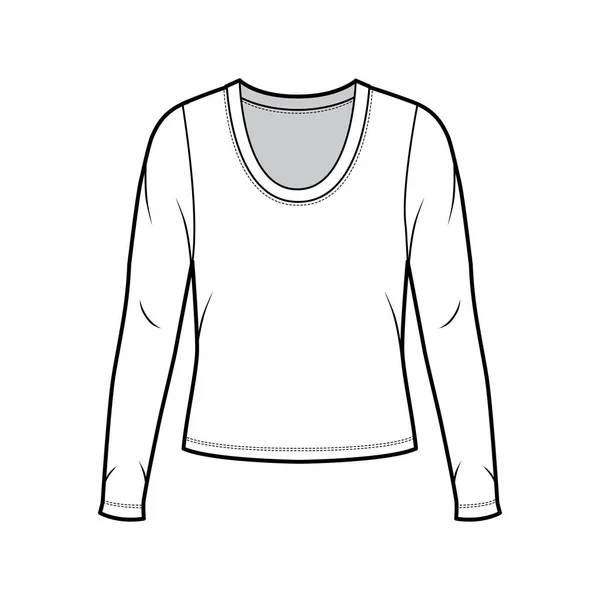 Scoop λαιμό φανέλα πουλόβερ τεχνική εικόνα μόδας με μακριά μανίκια, oversized σώμα — Διανυσματικό Αρχείο