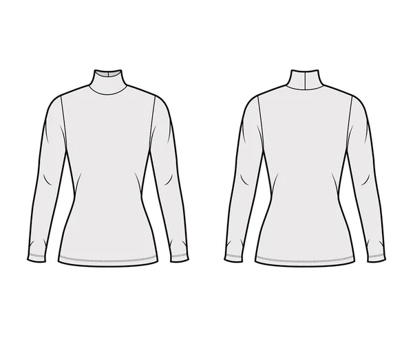 Jersey de cuello alto jersey técnica moda ilustración con mangas largas, forma ajustada, longitud de la túnica. — Vector de stock