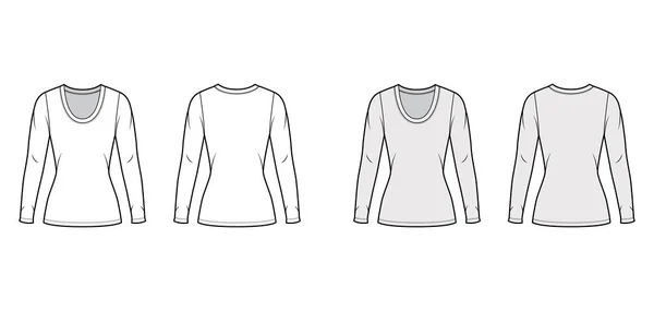 Scoop λαιμό φανέλα τεχνική εικόνα μόδας πουκάμισο με μακριά μανίκια, στενή εφαρμογή σχήμα, μήκος χιτώνα. — Διανυσματικό Αρχείο
