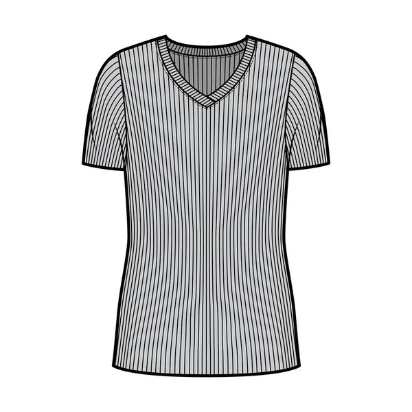 Jersey de punto acanalado con cuello en V ilustración técnica de moda con mangas de costilla cortas, cuerpo de gran tamaño, longitud de la túnica. — Vector de stock
