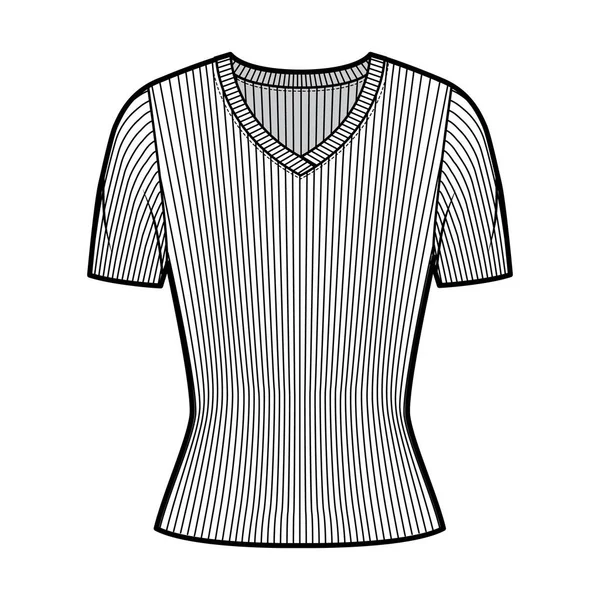 Camisola de malha com nervuras V neck ilustração de moda técnica com mangas de costela curta, forma de encaixe próximo . —  Vetores de Stock