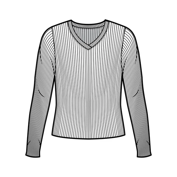 Jersey de punto acanalado con cuello en V ilustración técnica de moda con mangas largas, cuerpo sobredimensionado — Archivo Imágenes Vectoriales