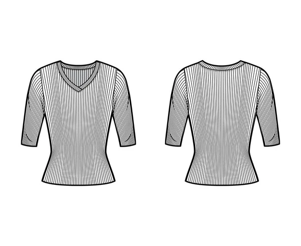Camisola de malha com nervuras em V neck ilustração de moda técnica com mangas de cotovelo, forma de ajuste próximo . — Vetor de Stock