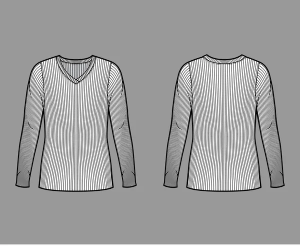 Ремни V-образный вязаный свитер техническая мода иллюстрация с длинными рукавами, крупногабаритное тело, длина туники. — стоковый вектор