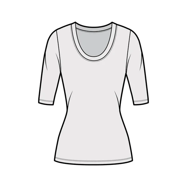 Scoop neck jersey shirt technical fashion illustration with elbow sleeves, close-fitting shape, tunic length. — Stock Vector