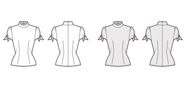 Düğümlü kesim bluz, yüksek yakalı teknik moda illüstrasyonu, kabarık hacimli kollar, arka fermuar bağlama