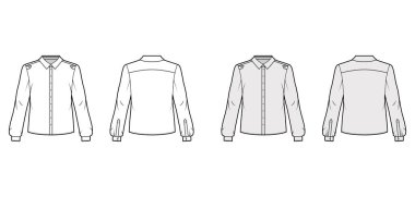 Klasik askeri tarzı gömlek. Düğmeli, omuz apoletli, uzun kollu teknik moda illüstrasyonu..