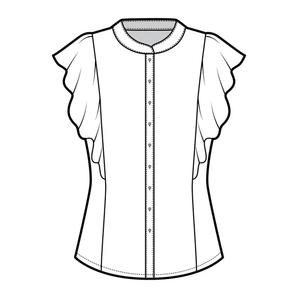 Ilustração técnica da forma da camisa com corpo cabido, colar do mandarin, prendedores dianteiros do botão, mangas babados . — Vetor de Stock