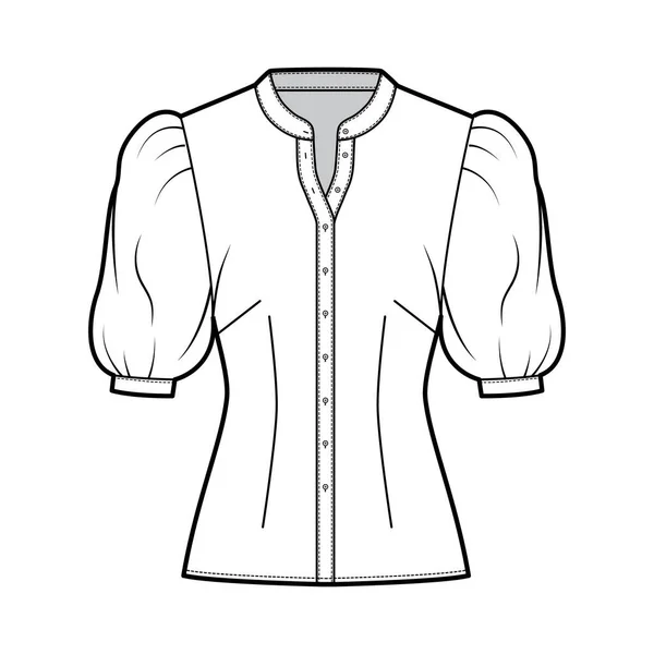 Stand collar shirt technical fashion illustration with elbow puff sleeve, front button-fastening, fitted silhouette — Stock Vector