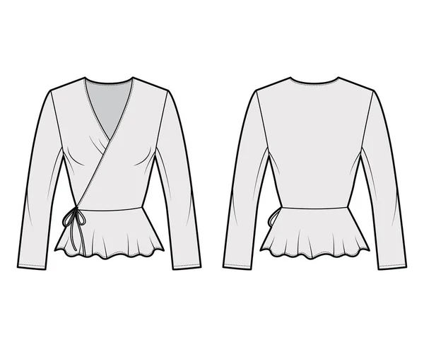 Wickelbluse technische Modeillustration mit taillierter Silhouette, gerafftem Saum, langen Ärmeln, Bändern an der Taille. — Stockvektor