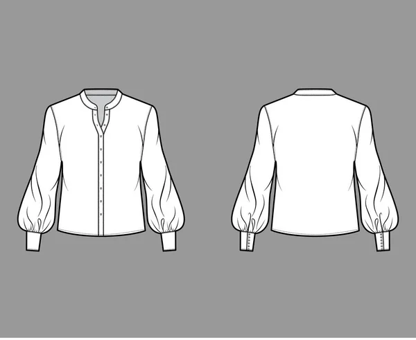 Stand γιακά πουκάμισο τεχνική εικόνα μόδας με μακρύ μανίκι επίσκοπος, μπροστινό κουμπί-στερέωση, χαλαρή σιλουέτα. — Διανυσματικό Αρχείο