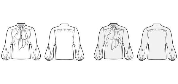 Pussy-bow blouse technical fashion illustration with oversized body, loose fit, long bishop sleeves. — Stockvector