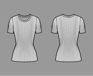 Tırtıklı mürettebat boyun örgü süveter kısa kaburga kollu, kısa biçimli moda illüstrasyonu. 