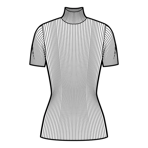 Turtleneck ribbstickad tröja teknisk mode illustration med korta revben ärmar, tät passform, tunika längd — Stock vektor