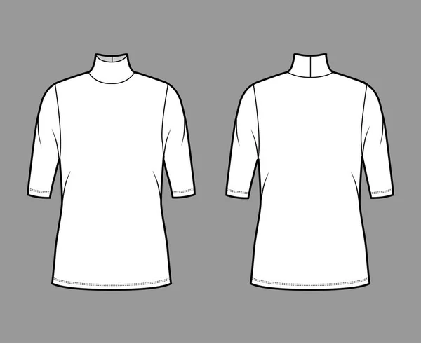 Turtleneck tröja teknisk mode illustration med armbåge ärmar, överdimensionerad kropp, tunika längd. — Stock vektor