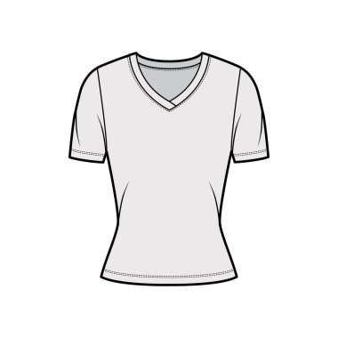 V yakalı forma tişörtü, kısa kollu, kısa biçimli teknik moda illüstrasyonu.. 