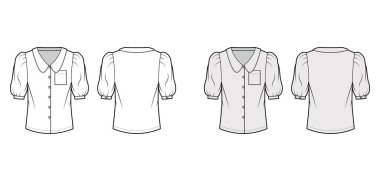 Kabarık yakalı gömlek, dirsek kabartması kollu, ön düğme takan, silueti gevşek teknik moda çizimi.