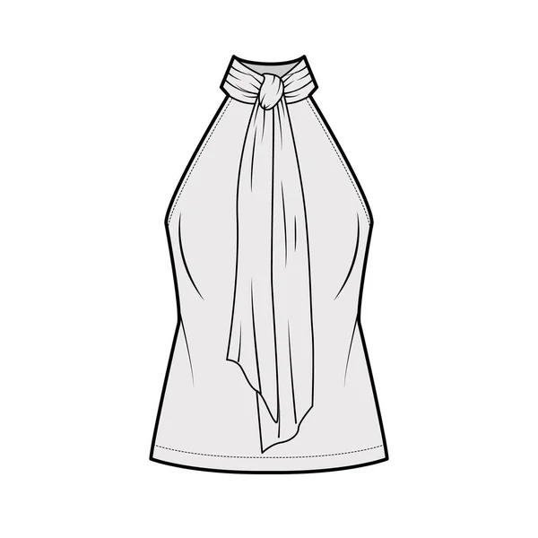 Halterneck top técnica moda ilustração com corpo semi-equipado, laços bichano-arco no pescoço, sem mangas . —  Vetores de Stock