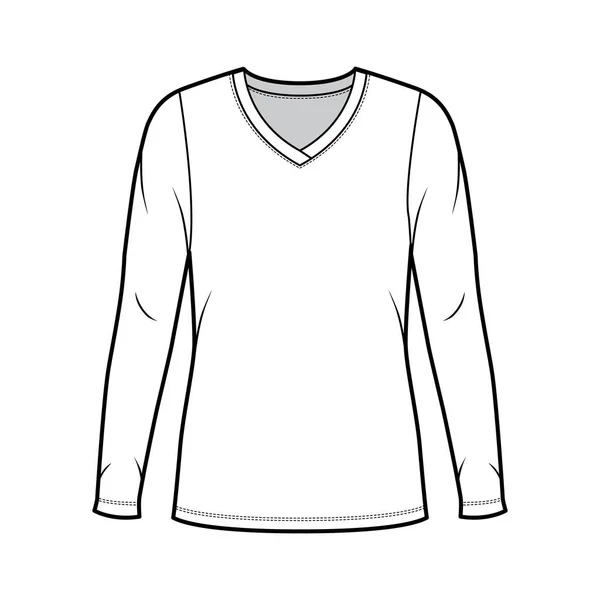 V-neck jersey sweater technical fashion illustration with long sleeves, oversized body, tunic length. — Stock Vector