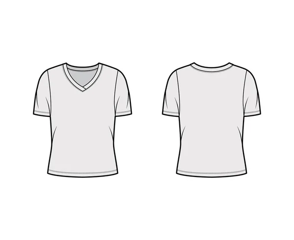 Camiseta de jersey con cuello en V ilustración técnica de moda con mangas costillas cortas, cuerpo sobredimensionado. — Vector de stock