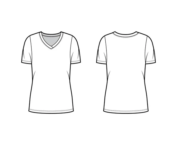 Camiseta de jersey con cuello en V ilustración técnica de moda con mangas cortas, cuerpo sobredimensionado, longitud de túnica. — Vector de stock