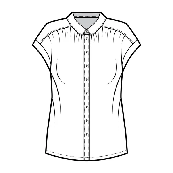 부드러운 주름진 셔츠 기술적 인 패션 에 헐렁 한 실루엣 , 늘씬 하게 서 있는, 소매없는 일반 칼라. — 스톡 벡터