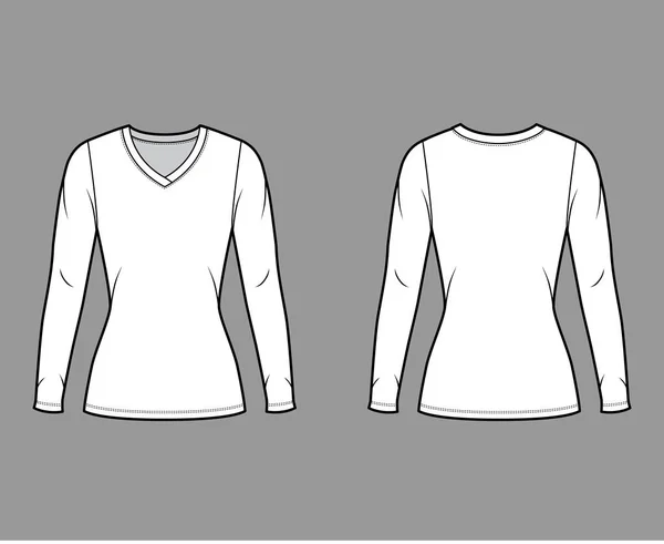 V-hals trui technische fashion illustratie met lange mouwen, nauwsluitende vorm, tuniek lengte. — Stockvector