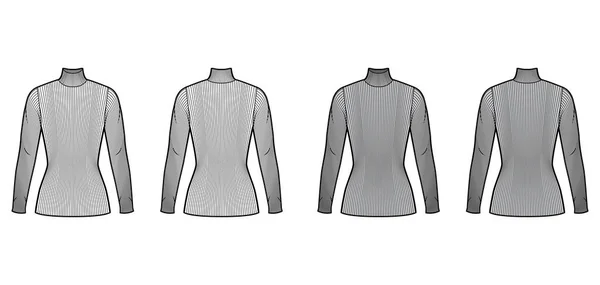 Jersey de punto acanalado con cuello alto ilustración técnica de moda con mangas largas, forma ajustada, longitud de la túnica. — Vector de stock