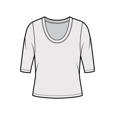 Kepçeli yaka tişörtü, dirsek kollu, büyük beden ölçüleri olan teknik moda çizimi.. 