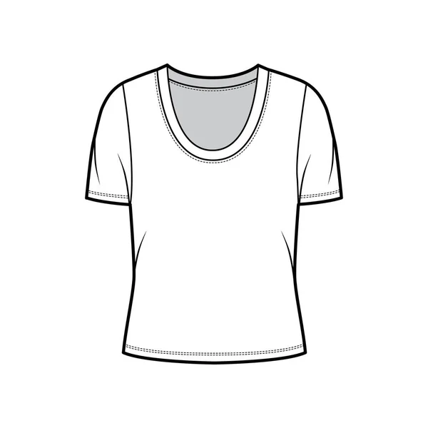 Scoop neck jersey t-shirt technical fashion illustration with short sleeves, oversized body. — Stock Vector