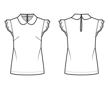 Yuvarlak yakalı, silueti gevşek, kanat çırpan, düğme takan anahtar delikli teknik tasvirler.