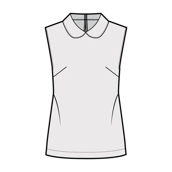 Round collar blouse technical fashion illustration with loose silhouette, sleeveless, back button-fastening keyhole. — Stock Vector