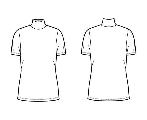 Turtleneck jersey trui technische mode illustratie met korte mouwen, oversized lichaam, tuniek lengte. — Stockvector