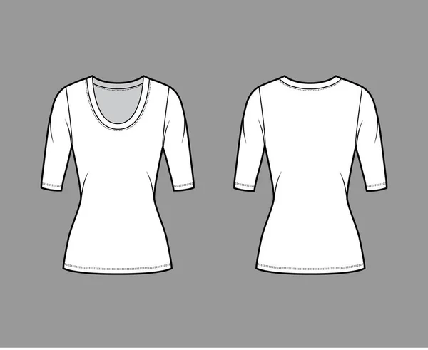 Camisa de jersey cuello redondo ilustración técnica de moda con mangas de codo, forma ajustada, longitud de túnica. — Vector de stock