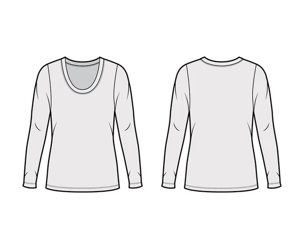 Scoop nyak mez pulóver technikai divat illusztráció hosszú ujjú, túlméretezett test, tunika hossza. — Stock Vector