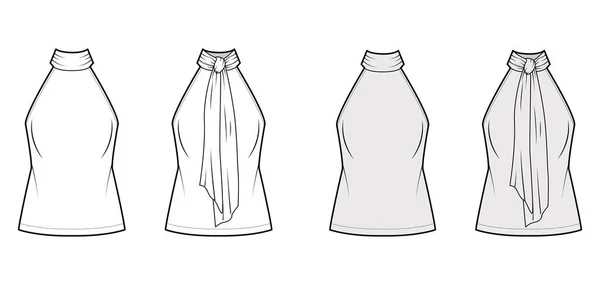 Halterneck top technical fashion illustration with semi-fitted body, ties pussy-bow at neck, sleeveless. — Image vectorielle