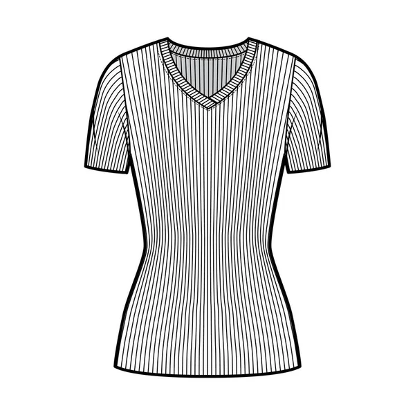 Jersey de punto acanalado con cuello en V ilustración técnica de moda con mangas de costilla cortas, forma ajustada, longitud de la túnica. — Archivo Imágenes Vectoriales