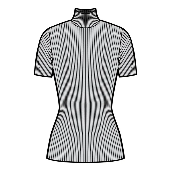 圆领肋针织毛衣技术时尚图例，短肋袖子，紧身型，束腰长 — 图库矢量图片